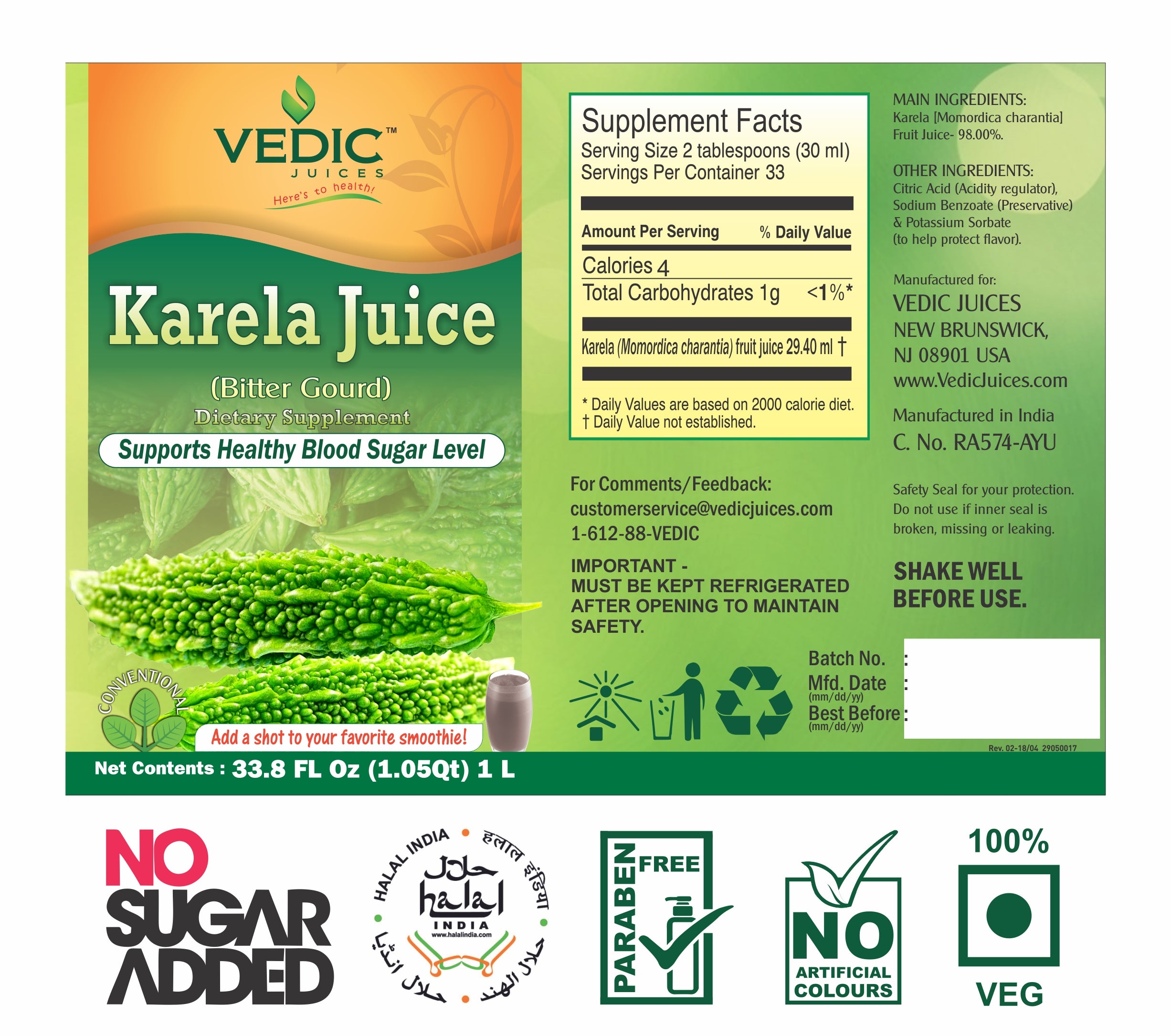 Vedic Karela Juice | Supports Healthy Blood Sugar Level (Bitter Gourd/Bitter Melon)