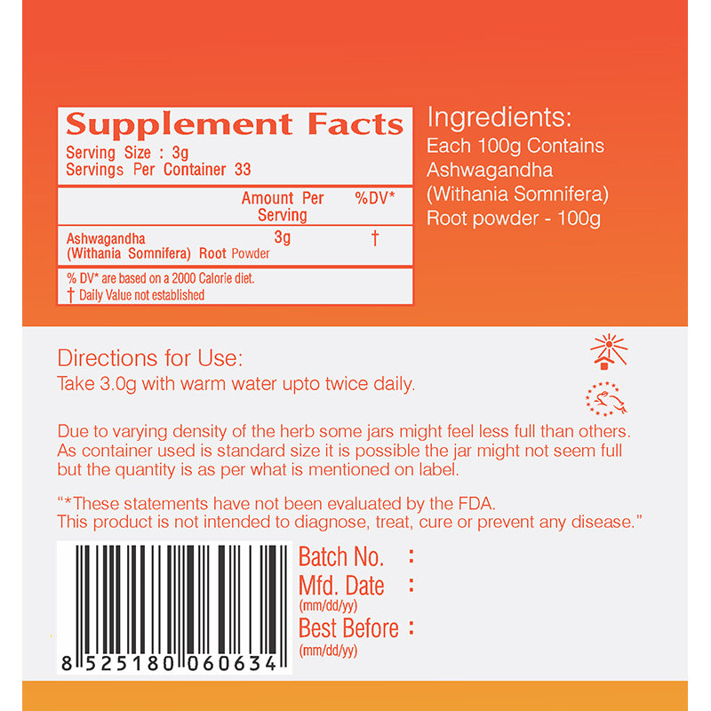 Vedic Ashwagandha Root Powder - Supports Healthy Energy & Stress Levels (100g)