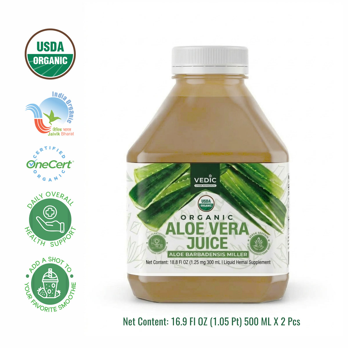 Vedic Organic Aloe Vera Juice – 500 mL × 2 Bottles