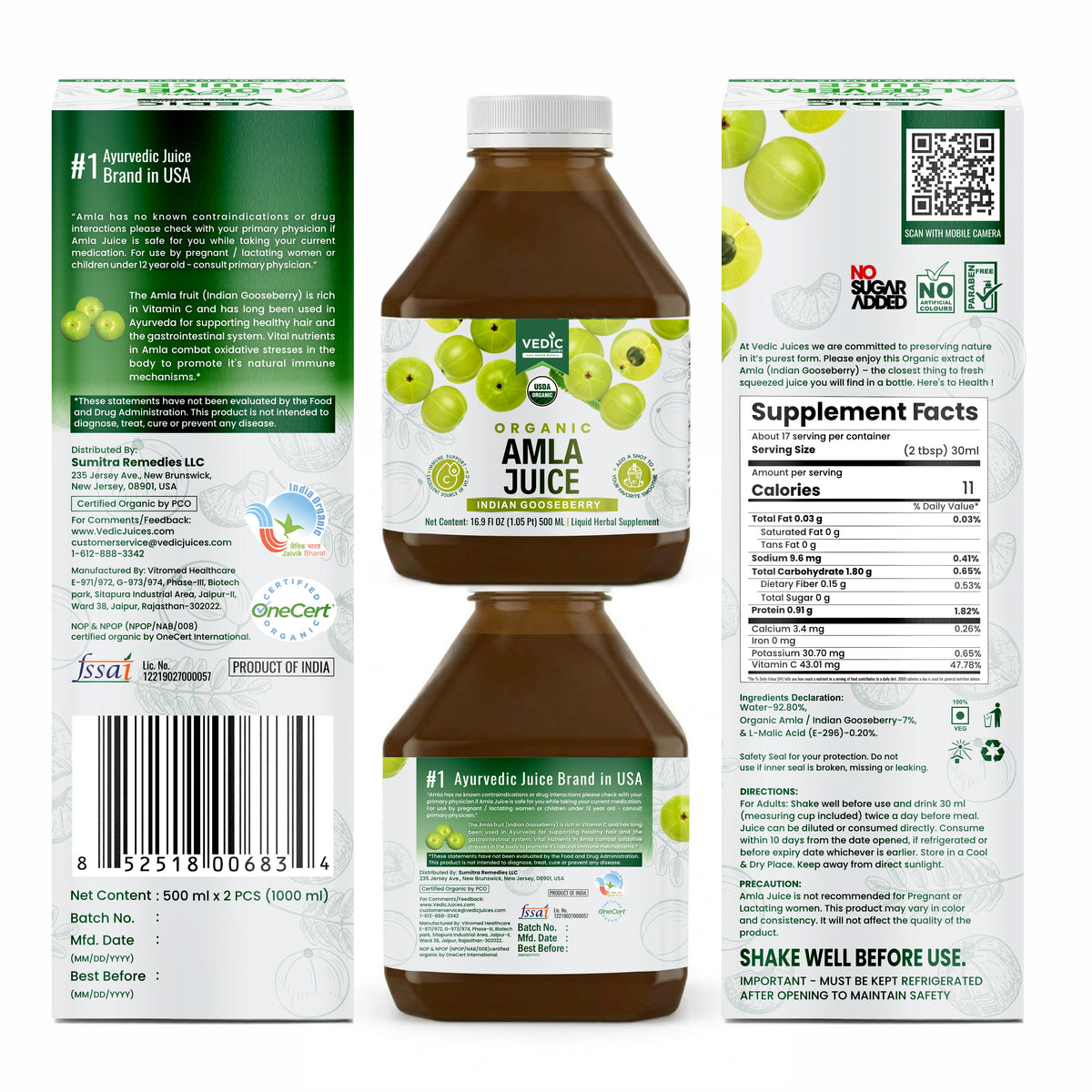 Vedic Organic Amla Juice – Indian Gooseberry (500 mL × 2 Bottles)