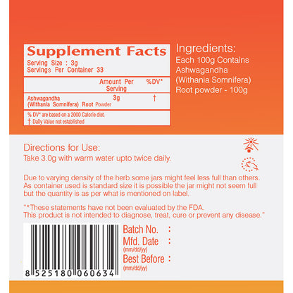 Vedic Ashwagandha Root Powder - Supports Healthy Energy & Stress Levels (100g) - The Vedic Store